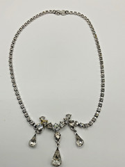 Vintage Clear Rhinestone Teardrop Dangle Necklace Silver Tone 16” Wedding Prom