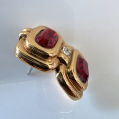 Vintage Gold Tone Ruby Red Rhinestone Geometric Art Deco Revival Post Earrings