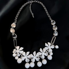 Vintage White Milk Glass Floral Necklace Enamel Cha Cha Rhinestone 16″-22.5″