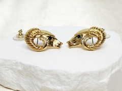 Pair KJL For Avon Gold Tone Green Eyed Ram Head Post Earrings