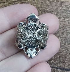 Vintage Silver Tone Costume Rhinestone Green Plastic Stone Ring Adjustable J33