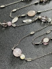 Vintage 48” Pink Floral Glass MOP Beads Butterfly Bird Charm Chain Necklace
