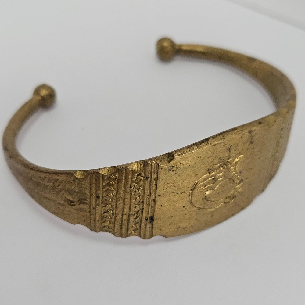 Vintage Brass Cuff Bracelet Etched Tribal Design Open Bangle Unisex