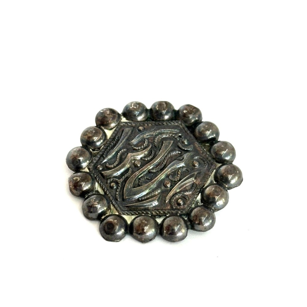 Antique Middle Eastern Pin – Arabic Calligraphy Style Hexagon Brooch Beaded Edge
