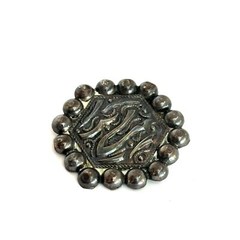 Antique Middle Eastern Pin – Arabic Calligraphy Style Hexagon Brooch Beaded Edge
