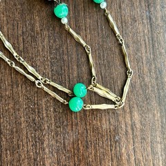 Vintage gold tone ornate necklace green lucite faux jade beads