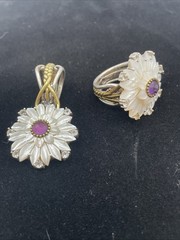 Echo of the Dreamer Moon Flower Ring Pendant MOP Amethyst Topaz Sterling Sz 9.75