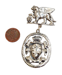 Vintage Sterling Silver Winged Lion with Hanging Crest Brooch, 3 1/8″ Tall