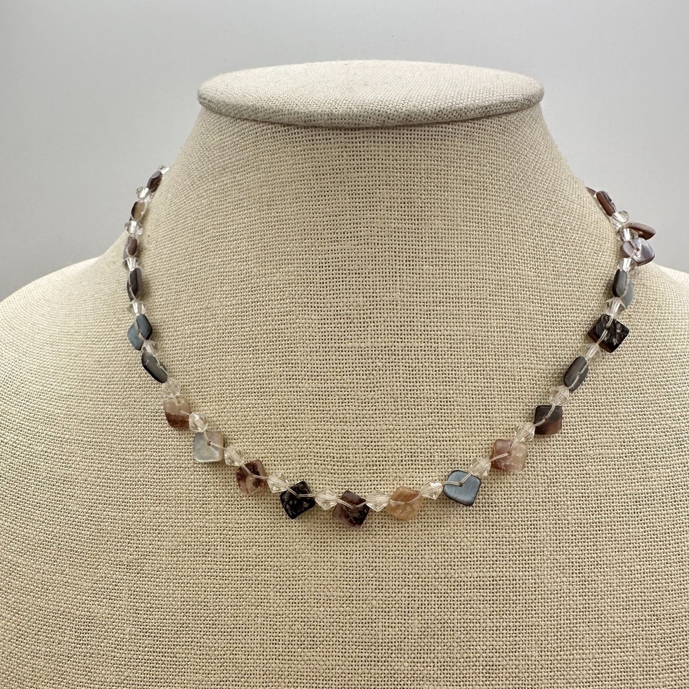 Vintage 90s Square Tile Shell Glass Beaded Choker Necklace Silver Tone Jewelry
