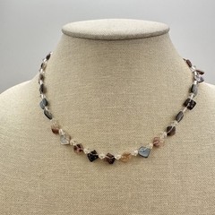 Vintage 90s Square Tile Shell Glass Beaded Choker Necklace Silver Tone Jewelry