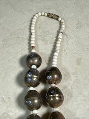 Vintage Bold Brass Silver Boho Modernist Mixed Metal Wood Beads Necklace Sunset