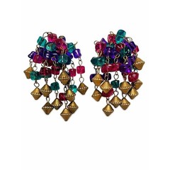 Vintage Colorful Acrylic Bead Waterfall Clip On Earrings 80s 90s Statement