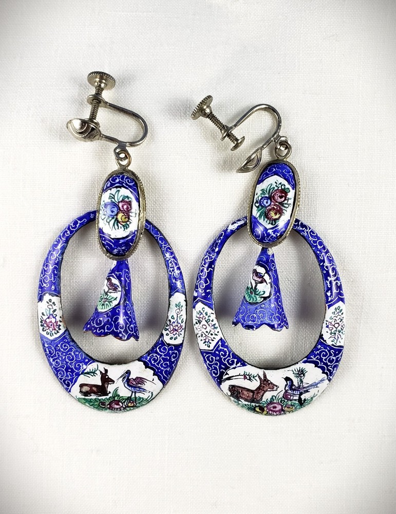 Vintage persian enamel drop dangle earrings bird deer roses 2.5″ screw back.