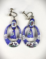Vintage persian enamel drop dangle earrings bird deer roses 2.5″ screw back.
