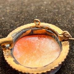 CAMEO brooch antique pink white trombone clasp brass frame heavy verdigris