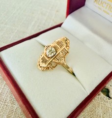Antique Art Deco 10K Yellow Gold Diamond Filigree Ring Size 6
