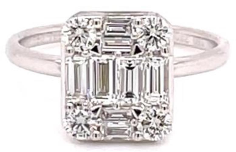 WIDE .99CT DIAMOND 18KT WHITE GOLD ROUND & BAGUETTE 3D FILIGREE ENGAGEMENT RING
