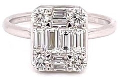 WIDE .99CT DIAMOND 18KT WHITE GOLD ROUND & BAGUETTE 3D FILIGREE ENGAGEMENT RING