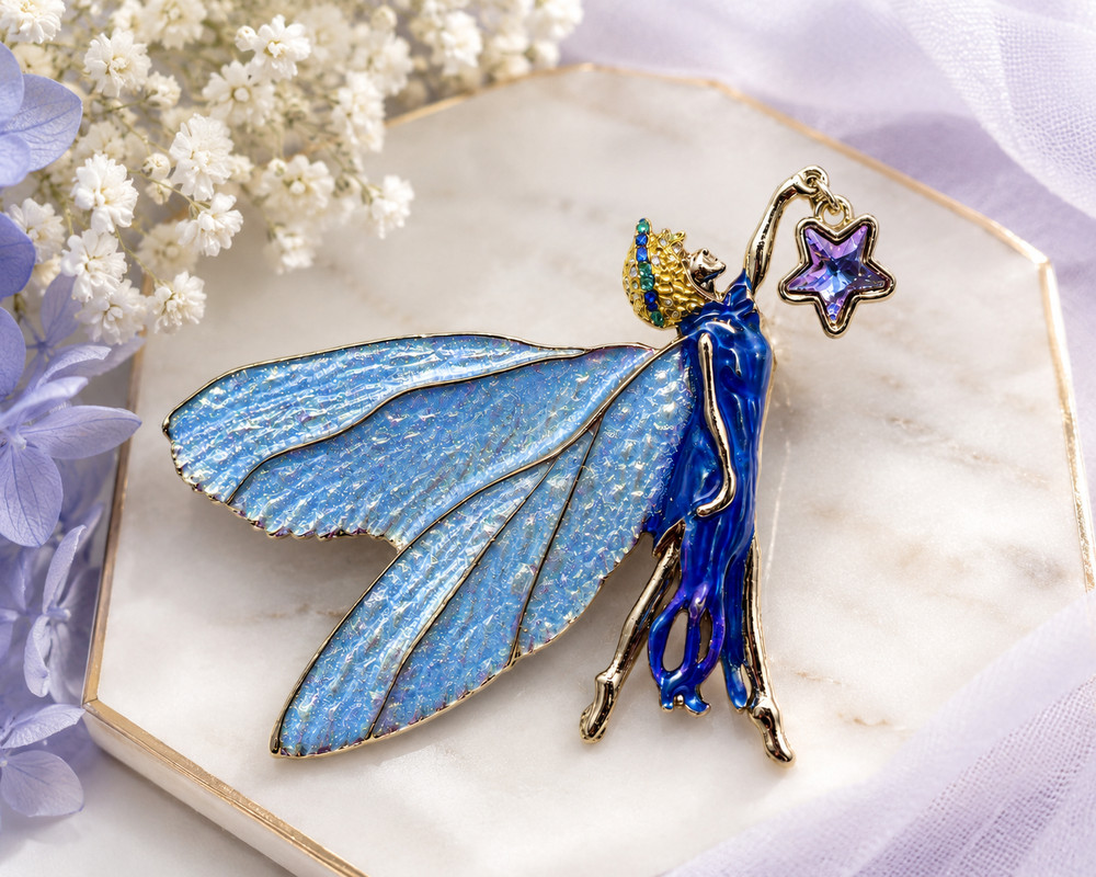 Signed Kirks Folly Fairy Brooch Blue Enamel Winged Glitter Star Wand Whimsical