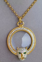 Vintage Jackie Collins Crystal Panther Magnifying Glass Pendant Chain Necklace