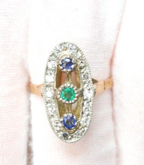 Victorian Emerald Sapphire Diamond Engagement Ring Size 6.75 UK-N 18KY EGL USA
