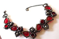 Vintage Signed Schiaparelli Bracelet Large Red & Pink Cabochon AB Crystals