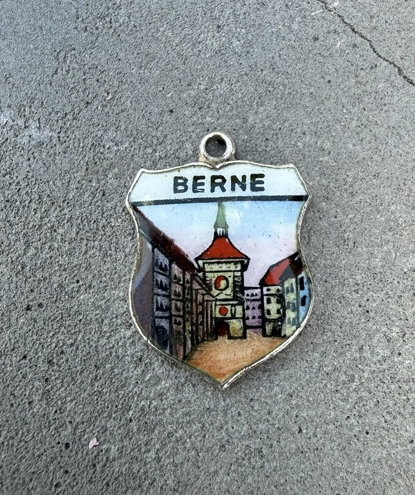 Vintage KFK 800 Swiss Silver European City Bern Enamel Shield Bracelet Charm