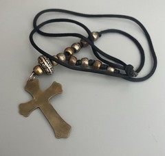 VTG Brass Cross-Religious-Black Cord- Plastic Beads-Necklace-Faux Shell Stone