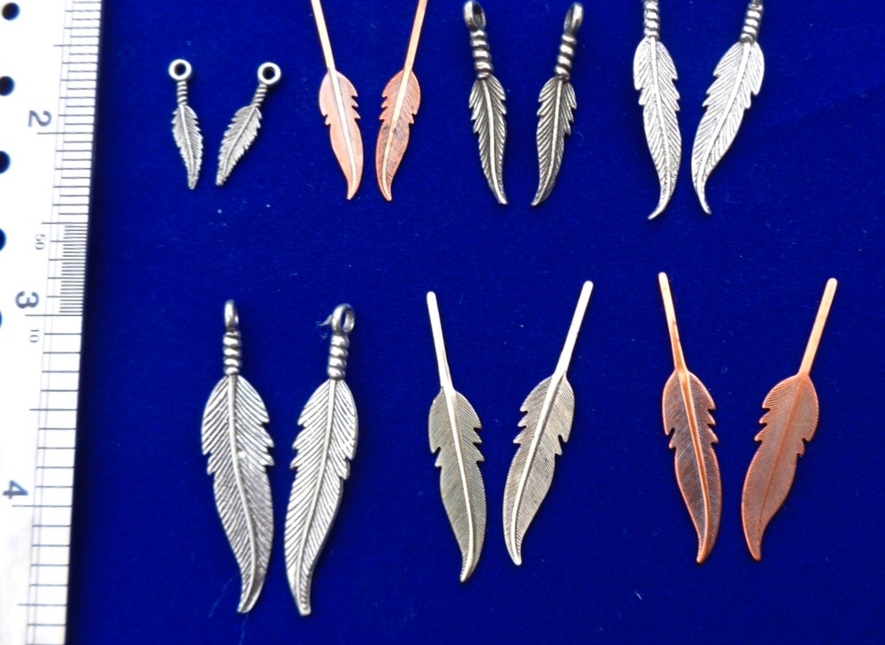 Lot of 150 Vintage Copper, Silver Alloy Feather Charm Jewelry Finding, 25 each