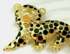 Animal Cub Brooch Cheetah Jaguar Leopard Black Enamel Rhinestone Figural Pin