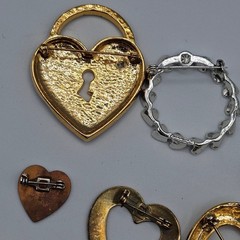 Vtg Heart Themed Brooch Pin Lot Rhinestone Enamel Mixed Styles Eras Materials