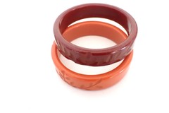 Lot Of 2 Vintage Carved Bakelite Bangles Bracelets Orange & Burgundy / Brown