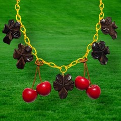 Vintage Carved Wood Leaf & Cherry Necklace with Apple Juice Celluloid Chain