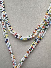 Vintage white green red yellow Glass Seed Beaded 34” Necklace 4190