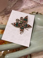 Butterfly Pin, Antique Gold-tone adorned with Faux Coral & Green Cabochons