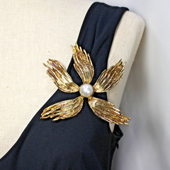 Vtg MCM Sterling Modernist Flower Brooch Mabe Pearl Gold Vermeil 5″ 71g Signed