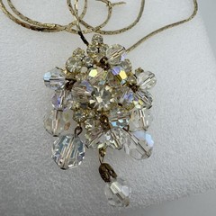 Vintage AB Glass Crystal & Clear Rhinestone Dangle Pendant Brooch &Gold Necklace