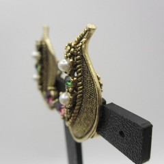 Vtg Climber Earrings Suffragette Colors Rhinestone Textured Gold Tone Clip Ons