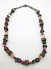 VTG UNUSUAL 20″ HEAVY BEAD necklace pink purple shade gray silver tone metal