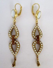 Pair of Vintage Moonstone & Mother-of-Pearl 3 1/4-Inch Brass Earrings/Boho