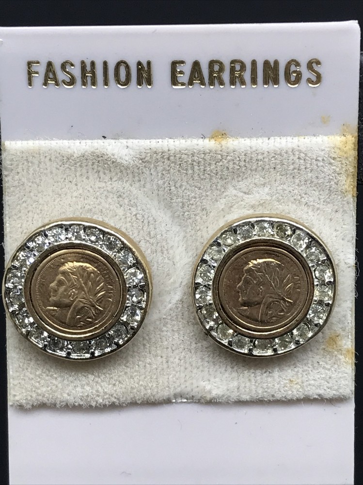 Vintage Costume Fashion Jewlery Gold tone faux Roman/Greek Coin Pierced Earring