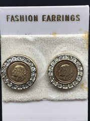 Vintage Costume Fashion Jewlery Gold tone faux Roman/Greek Coin Pierced Earring