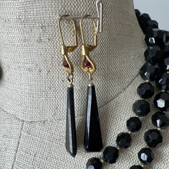 Vintage 2 Strand Jet Crystal Necklace & 2 Pairs Earrings – Rhinestone Clasp