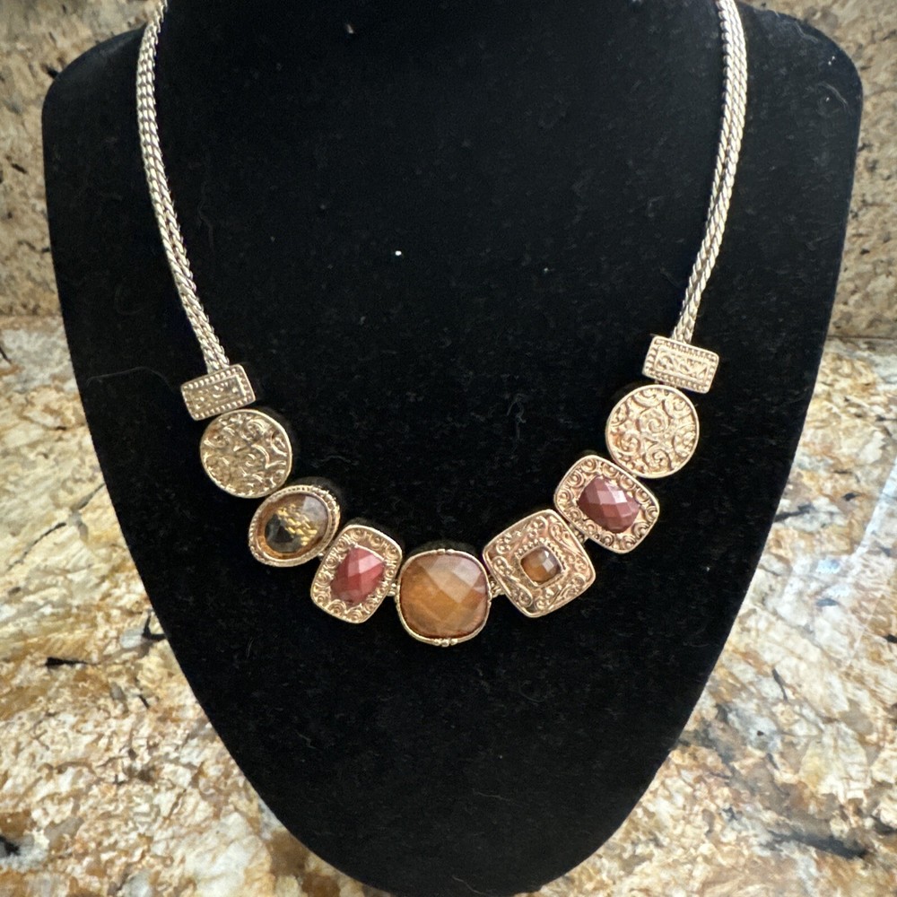NWT Vintage KAT + BRYN Gold Tone Necklace W Gemstones Slide Floating Charms