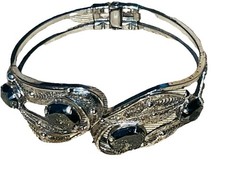 Sorrento Sterling Silver Hematite Filigree Hinged Bangle Bracelet VTG Fairy Core