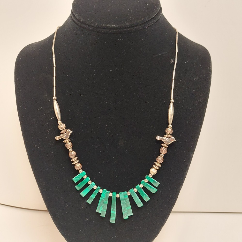Silvertone Beaded Faux Malachite Gemstone Necklace With Birds Barrel Clasp 21″