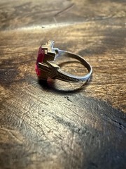 Pretty Vintage Art Deco Red Glass Ring with Detailed Buckle Band, Size 5.5