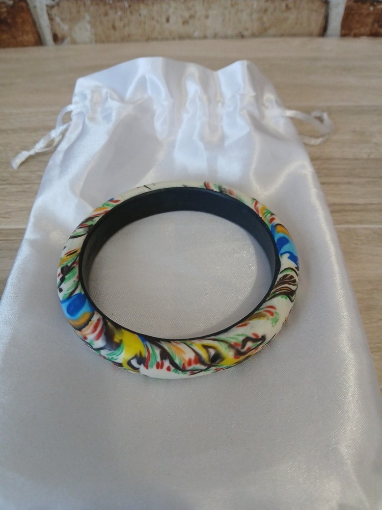 Vintage Polymer Clay Bangle Bracelet Multi-colored Statement Couture 8″