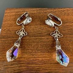 Vintage Earrings AB Crystal Dangle Silver Tone Filigree Briolette Teardrop Clip