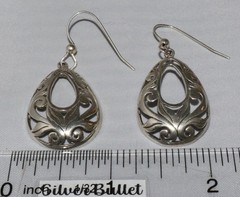 Vintage Sterling Silver Jezlaine Floral Scrolled Open Teardrop Dangle Earrings